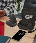 Heavy Duty Travel Organizing Bag And Cord Keeper For MagGo Three In One Charging Hub, black case with cords and phone on desk.