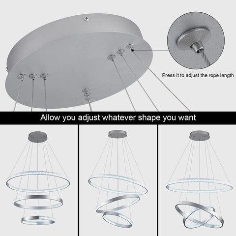 Lit Modern LED Ceiling Chandelier With Acrylic Crystal Pendant, Adjustable 3 Ring Design for shape flexibility in living spaces.