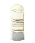 Compact Triple Tier Hanging Closet Organizer With Airy Mesh Pockets Ideal For Bras Bottoms And Socks, showcasing three shelves with clothes.