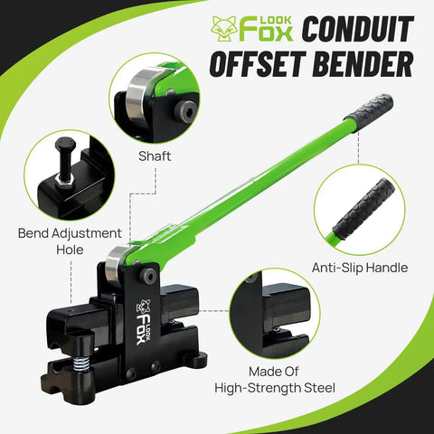Conduit Offset Bender For One Half Inch EMT Conduit With Adjustable Offset Up To Nine Sixteenth Inch Bends, green finish, labeled parts