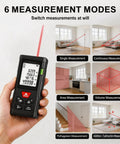 Solid Workhorse Laser Distance Meter With Zero Sweat Measurements Up To Three Twenty Eight Feet And Hella Accurate Plus Two Mm Precision in hand showing measurement modes.