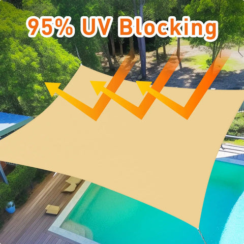 Sun Shield Shade Sail 10x20 Rectangle Sand Outdoor Canopy over a backyard pool, illustrating UV blocking with arrows