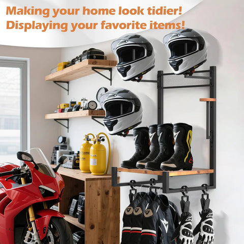 Heavy Duty Motorcycle Helmet Holder Wall Mount with black steel and oak, organized gear storage for helmets and riding boots.