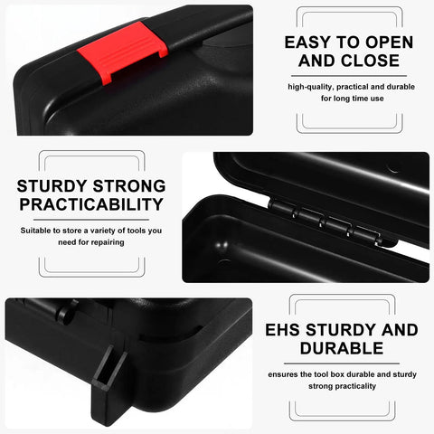 Badass Plastic Tool Box With Rugged Carry Handle Crafted For Weekend Warriors Storing Measuring Tape Levels Screwdrivers Socket Wrenches Repair Essentials Organizer Bin, showing sturdy black material and red latch detail.