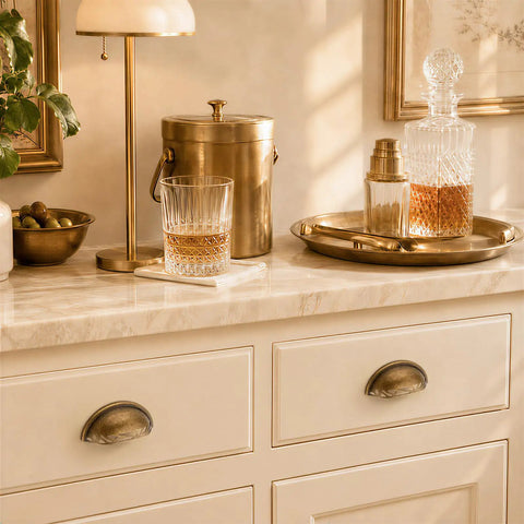Three Pack Antique Brass Half Moon Cup Pulls For Kitchen Cabinets And Drawers Featuring Hella Smooth Finishes and Rock Solid Zinc Alloy Build on stylish cabinet.