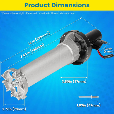 Rock Solid Right Hand Torsion Assembly For Power Patio RV Awning Motor 12V DC Extension Drive Black dimensions displayed on blue background