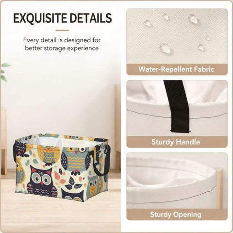 Rock Solid Rectangular Storage Basket With Handles For Shelf Organization Hella Durable Waterproof Oxford Cloth Dope Cartoon Owl Design, featuring water-repellent fabric and sturdy handle.
