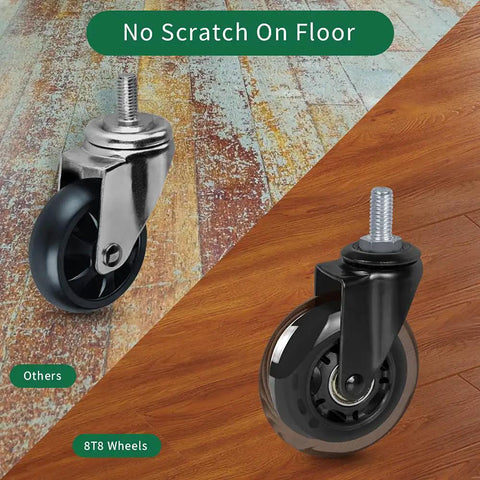 Heavy Duty Office Chair Caster Wheels 3 Inch Set Of 5 Threaded Stem 3 8 16 Pu Rubber Replacement Tires on hardwood floor.