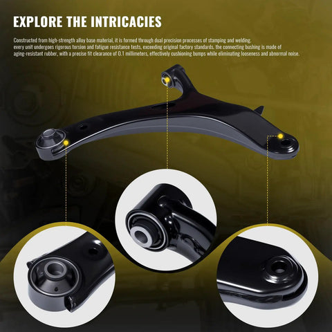 Close-up view of Built Tough 12 Pcs Front Suspension Kit For 2012 To 2016 Subaru Impreza 2.0L lower control arm with precise fittings.