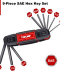 Three Pack Folding Allen Wrench Set Includes SAE Metric And Torx Keys, portable 9-piece SAE hex key in red handle.