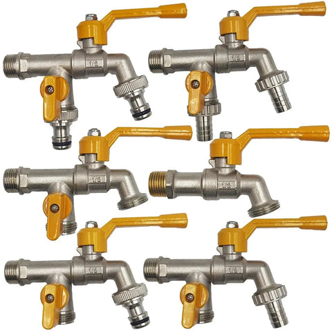 Garden Hose Faucet Adapter One Half Inch Water Tank Connector for Quick Irrigation Setup Two Way and One Way Brass Tap Joint Replacement with Ball Valve for Easy Water Flow Control, brass adapters with yellow levers