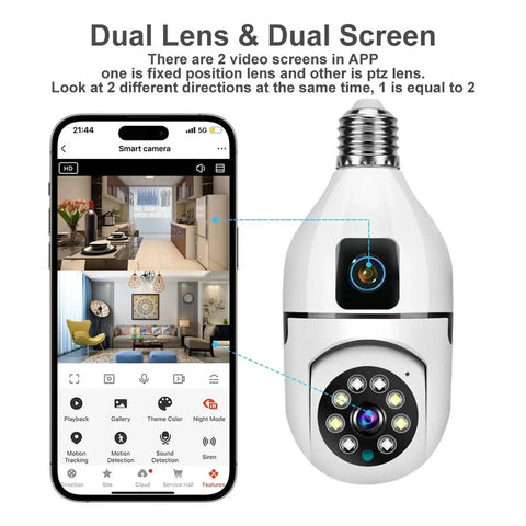 Top Shelf Dual Lens Bulb Wifi Security Camera With Zero Hassle Setup For Indoor Spaces Featuring Ai Human Tracking 360 Degree Pan 180 Degree Tilt Night Vision Plus Two Way Audio with mobile app display.
