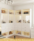 Totally Versatile White Modular Closet System With Drawers, Heavy Duty Wardrobe Organizer With Full Length Mirror, No Sweat Setup Walk In Closet Cabinet For Bedroom, Tough Enough For Two Thousand Pounds showcasing organized drawers and shelves.