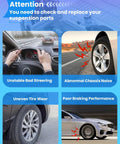 Attention graphic showing issues like unstable steering, uneven tire wear, abnormal noise, and poor braking performance.