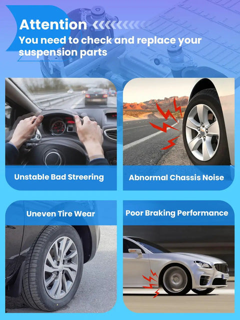 Attention graphic showing issues like unstable steering, uneven tire wear, abnormal noise, and poor braking performance.
