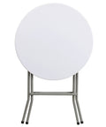Two Foot Round Folding Event Table White Plastic Banquet Table For Indoor Outdoor Use viewed from the front