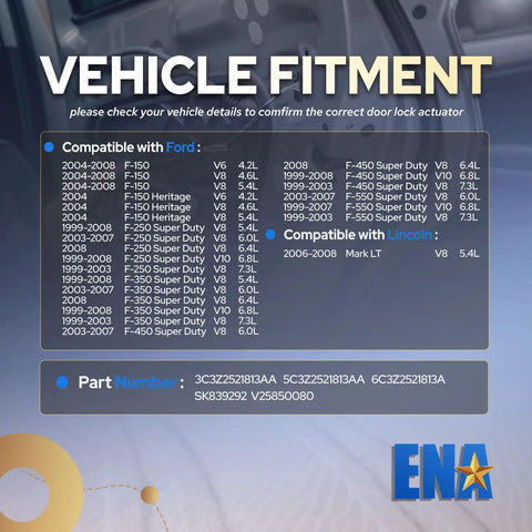 Vehicle fitment chart for Front Left Door Lock Actuator Bolt On Replacement For Ford F-150 F-250 F-350 F-450 F-550 Super Duty And Lincoln Mark LT 1999-2008