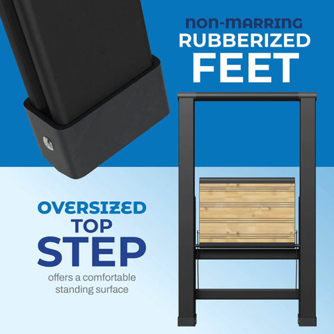 Close-up of One Step Folding Ladder's rubberized feet and bamboo top step with black aluminum frame for kitchen and studio use.