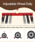 Rock Solid Adjustable Tire And Wheel Dolly For Home Garage Or Pro Shop Making Swaps A Total Breeze showing adjustable rollers for tire sizes 7 to 25 inches.