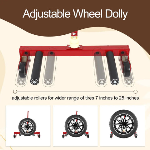 Rock Solid Adjustable Tire And Wheel Dolly For Home Garage Or Pro Shop Making Swaps A Total Breeze showing adjustable rollers for tire sizes 7 to 25 inches.