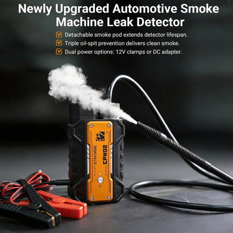 Shop Ready Underhood Smoke Leak Detector Machine For EVAP Vacuum Testing with detachable smoke pod producing vapor.