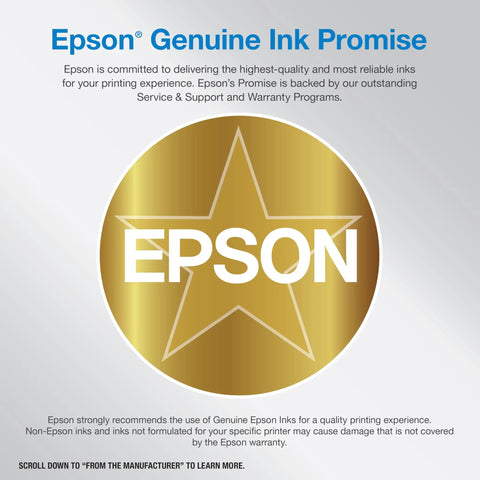 Epson Genuine Ink Promise badge with gold star and text detailing Epson's ink quality assurance and support.