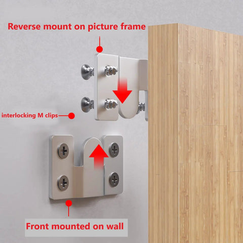 Tough As Nails Flush Mount Brackets With Screws 8 Sets Interlocking Heavy Duty Picture Frame Hangers showing mounted on wall and frame.