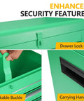 Close-up of Heavy Duty Rolling Tool Chest With Lockable Swivel Wheels And Easy Pop Off Detachable Top, featuring drawer lock bar and carrying handles.