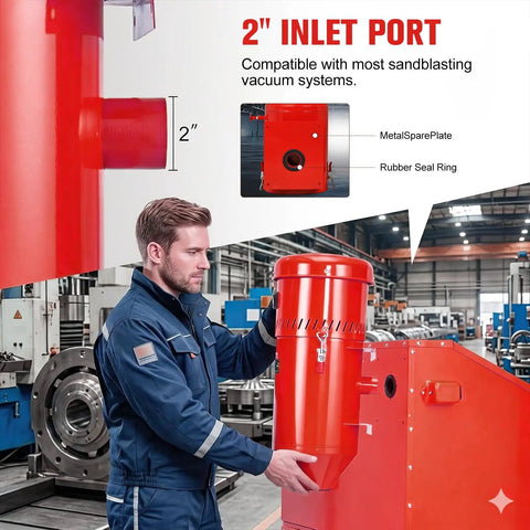 Technician inspects 2-inch inlet of Beast 1.6 HP Industrial Dust Collector With 1.8 Gallon Tank Universal Fit For Sandblasting Cabinets