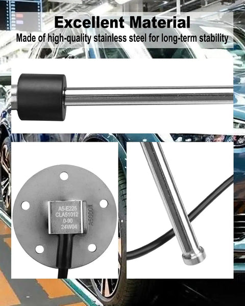 9 Inch Fuel Sending Unit With 0 To 90 Ohm Output And Stainless Steel Housing for Boat Marine and RV Fuel Tanks, showing probe and connector.