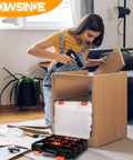 Woman using Double Sided Tool Organizer With 34 Compartments And Removable Dividers For Screws Nuts Bolts Tough As Nails Hardware Storage Box For Small Parts In Garage Or Workshop while assembling furniture.