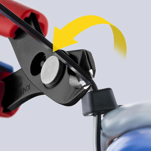 Detailed view of Sleek 6 Inch Slim Zip Tie Pliers With Slick Flush Cutting Action, cutting zip ties securely with precision.
