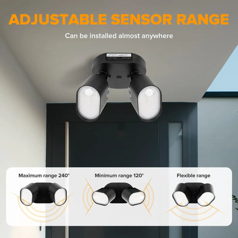 Heavy Duty Tough As Nails Led Flood Lights With Dual Motion Sensors 35W 4000 Lumens 5000K Daylight IP65 Waterproof 240 Wide Angle Outdoor Security Lighting For Garage Patio And Yard 2 Pack with adjustable sensor range on porch.
