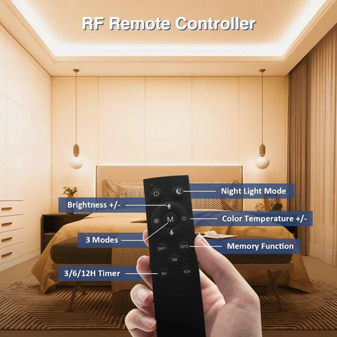 26Ft Dimmable 24V LED Strip Lights With Remote Tunable White 3000K-6500K shown in a bedroom scene with features labeled on remote