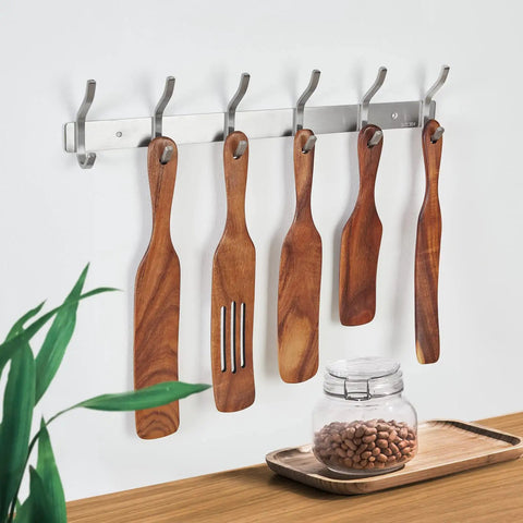 Heavy Duty Wall Hooks 23 Inch Coat Rack Wall Mount With Eight Hooks, Stainless Steel 304 Silver Hanger holding wooden utensils