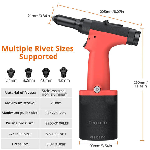 Professional Pneumatic Rivet Nut Gun Featuring Automatic Self Suction Loading And Four Quick Swap Nosepieces For Smooth Single Hand Operation, red and black design, multiple rivet sizes supported.
