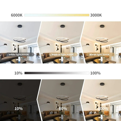 Modern LED Chandelier With Dimmable 36W Light And Remote, Black Acrylic Two Ring Pendant, color temperature range demonstration