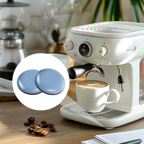 Heavy Duty Self Adhesive Appliance Sliders For Kitchen Counters beneath a coffee maker on a wooden table with coffee beans.