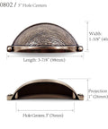 Aged Silver Molten Texture Cup Pulls 3 Inch Hole Centers dimensions showing length and width for cabinets and dressers.