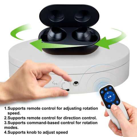 Smooth Spinning 360 Degree Electrical Turntable With Killer Remote Control For Pro Photography And 3D Modeling, Hella Precise Speed And Angle Adjustment, Continuous Step And Swing Modes For Studio Gear Or Retail Display Setup, user adjusting speed with remote.