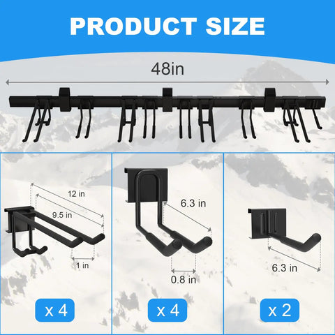 48 Inch Ski Rack Wall Mount With Hella Heavy Duty Holders For Garage And Shed Featuring Grippy Rubber Clamps Holds 12 Pairs Skis Snowboards dimension details and hooks layout