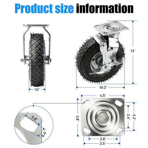 Product size information diagram for 10 Inch Heavy Duty Pneumatic Caster Wheels With Secure Brake Set Of Four featuring detailed measurements.