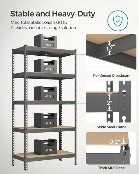 Hella Sturdy Five Tier Storage Shelves Heavy Duty Adjustable Metal Rack showing gray frame with MDF boards and storage bins.