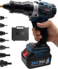 Pro-Tier Heavy Duty Cordless Rivet Gun Electric Automatic Badass Tool With M3-M12 Heads And Blind Nut Pulling For Automotive Repair Built Different With Memory Function And 16000N Force Guaranteed, held in hand with battery.