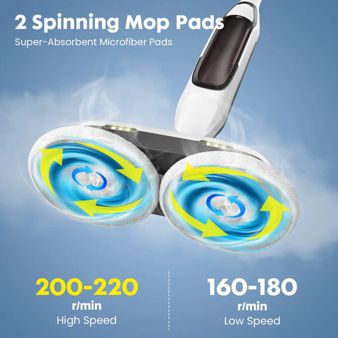 Top Tier Steam Mop For Sealed Hardwood And Tile Floors With Kickin Dual Spin Pads and flexible swivel steering, showcasing two spinning mop pads.
