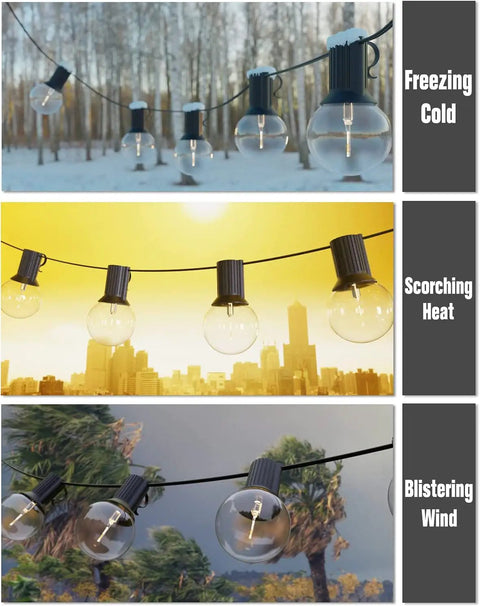 Two Pack 100Ft LED Outdoor String Lights With 104 Vintage G40 Bulbs surviving extreme weather: cold, heat, and wind conditions.
