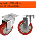 4 Inch Heavy Duty Swivel Caster Wheels Delivering Hella Smooth Motion And 360 Degree Rotation With Badass Load Handling Total 1200 Lbs Lift Capacity Set Of Four Silently Gliding Noise Free Wheel Rollers Without Brakes, showing red wheels with silver steel bases.
