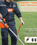 Person using Ergonomic Back Saver Handle Extension With Double Shoulder Strap Harness For Stihl Husqvarna Echo Ryobi Troy Bilt And Other Major String Trimmers Adjustable Washer Sizes 25mm 26mm 28mm For A Custom Fit All Day Comfort
