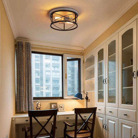 Two Light Rustic Oak White Flush Mount Ceiling Light With Black Open Cage in a cozy office setting