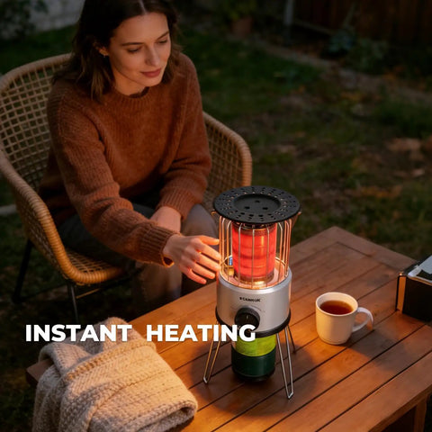 Woman using 8,500 BTU Portable Propane Heater For Outdoors With Tilt Switch And Two Speed Heating on a table in a garden setting.